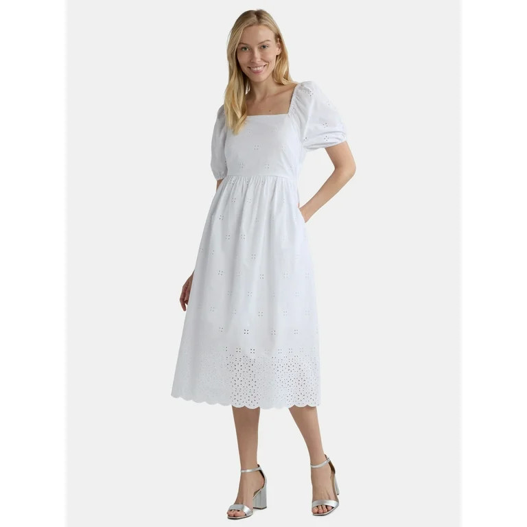 Time and Tru Women's and Women's Plus Square Neck Eyelet Midi Dress, Sizes XS-4X | Walmart (US)