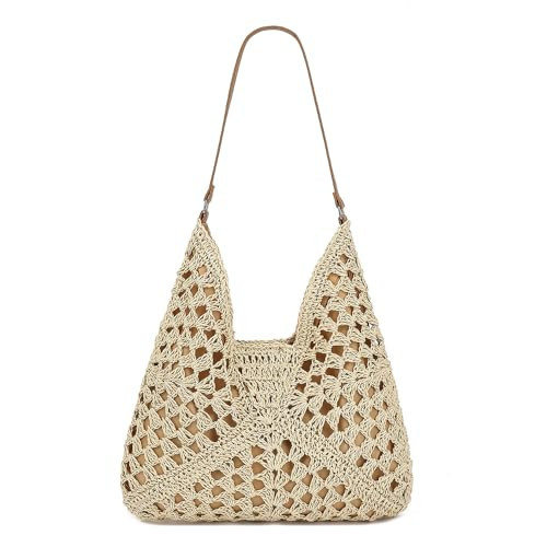 Bycobecy Straw Beach Bags for Women Soft Raffia Crochet Hobo Purse with Magnetic Buckle Medium Summer Boho Woven Shoulder Bag for Vacation and Daily (Beige) | Amazon (US)