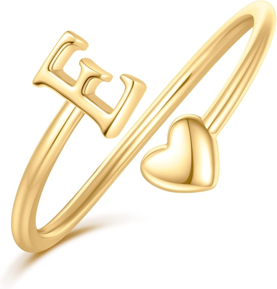 Initial Heart Rings for Women Girls - 14K Yellow/White/Rose Gold Plated Adjustable Rings for Wome... | Amazon (US)