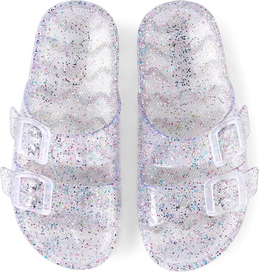 The Children's Place Girls Double Buckle Slip On Slide Sandals, White Paint Splatter | Amazon (US)