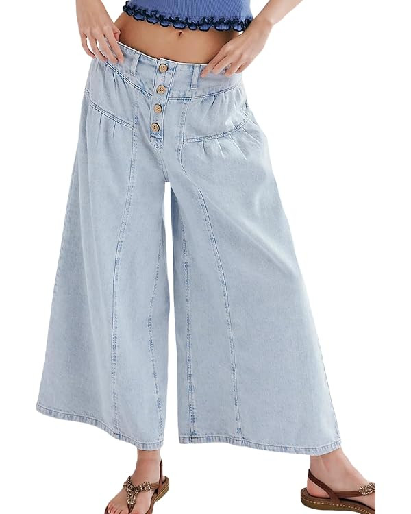Lentta Women's Wide Leg Jeans Mid Rise Trousers Elastic Waist Button Pleated Demin Pants with Poc... | Amazon (US)