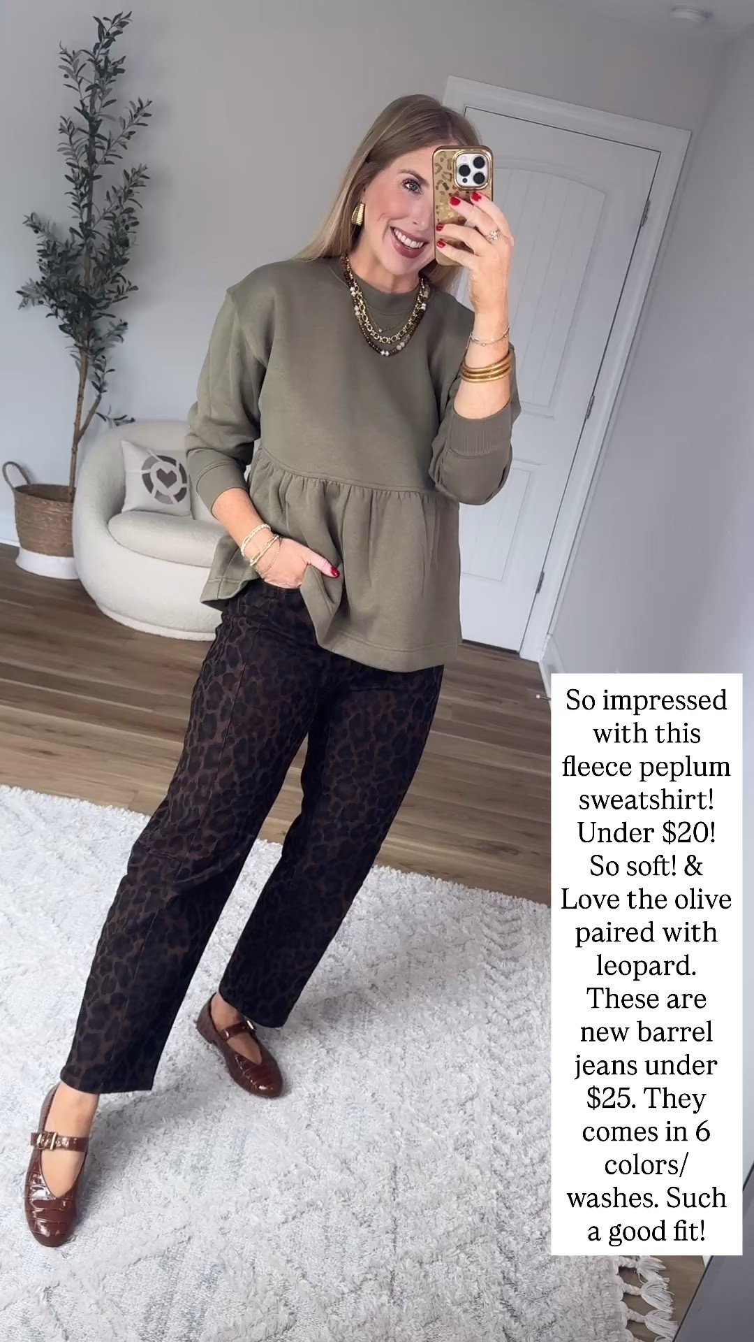 Fleece peplum sweatshirt and leopard barrel jeans

#LTKootd