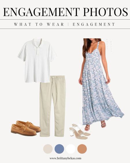 Spring or summer engagement picture outfits. Pair a blue floral dress with your man in white and khaki for a beach engagement session or for a photoshoot in any neutral location. 

Bridal shower dress - Rehearsal dinner dress - Engagement photo dress - engagement pictures - floral dress - white linen shirt - men's outfits - men's fashion 

