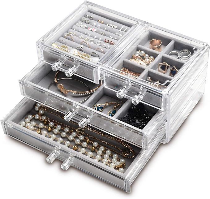 Acrylic Jewelry Box 4 Drawers,Clear Jewelry Organizer Velvet Rings Necklaces Earring Bracelets Di... | Amazon (US)