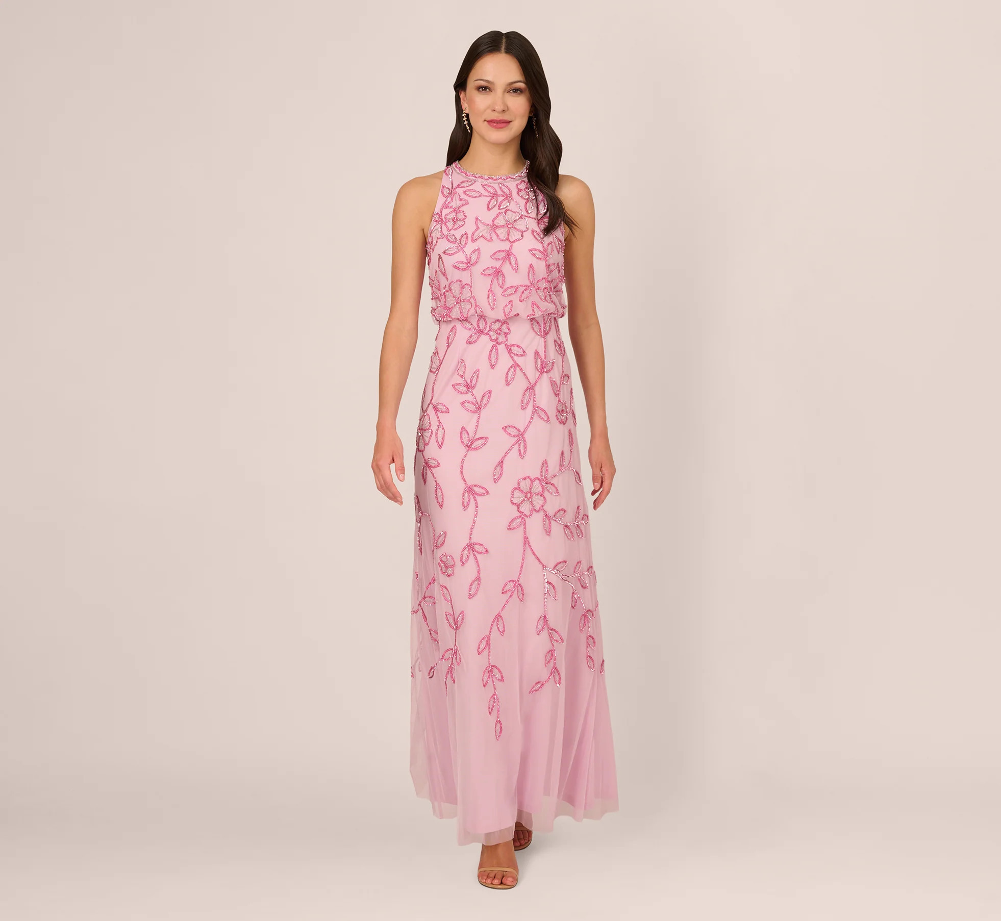 Sleeveless Blouson Mermaid Gown With Jasmine Beading In Pink Lace | Adrianna Papell