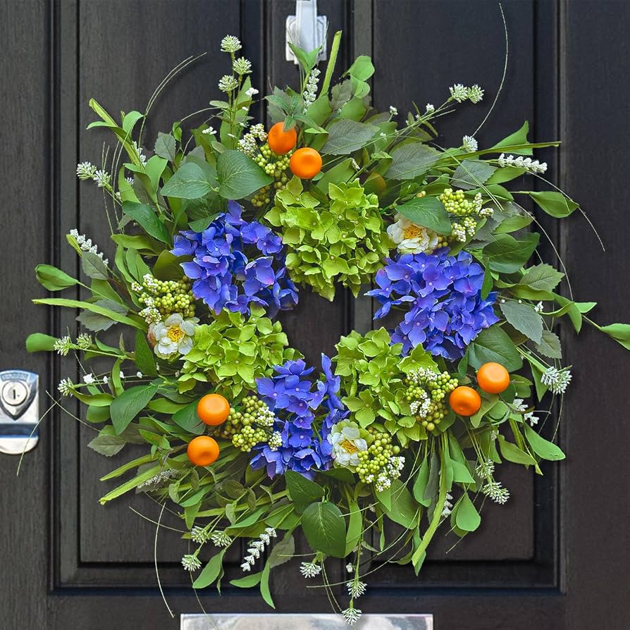 Spring Wreaths for Front Door 24 Inch, Summer Wreath Outdoor，Silk Hydrangea Wreath with White B... | Amazon (US)