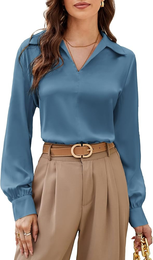 GRACE KARIN Women's Satin Silk Blouse Lapel V Neck Long Sleeve Casual Work Blouse Shirts Pullover... | Amazon (US)