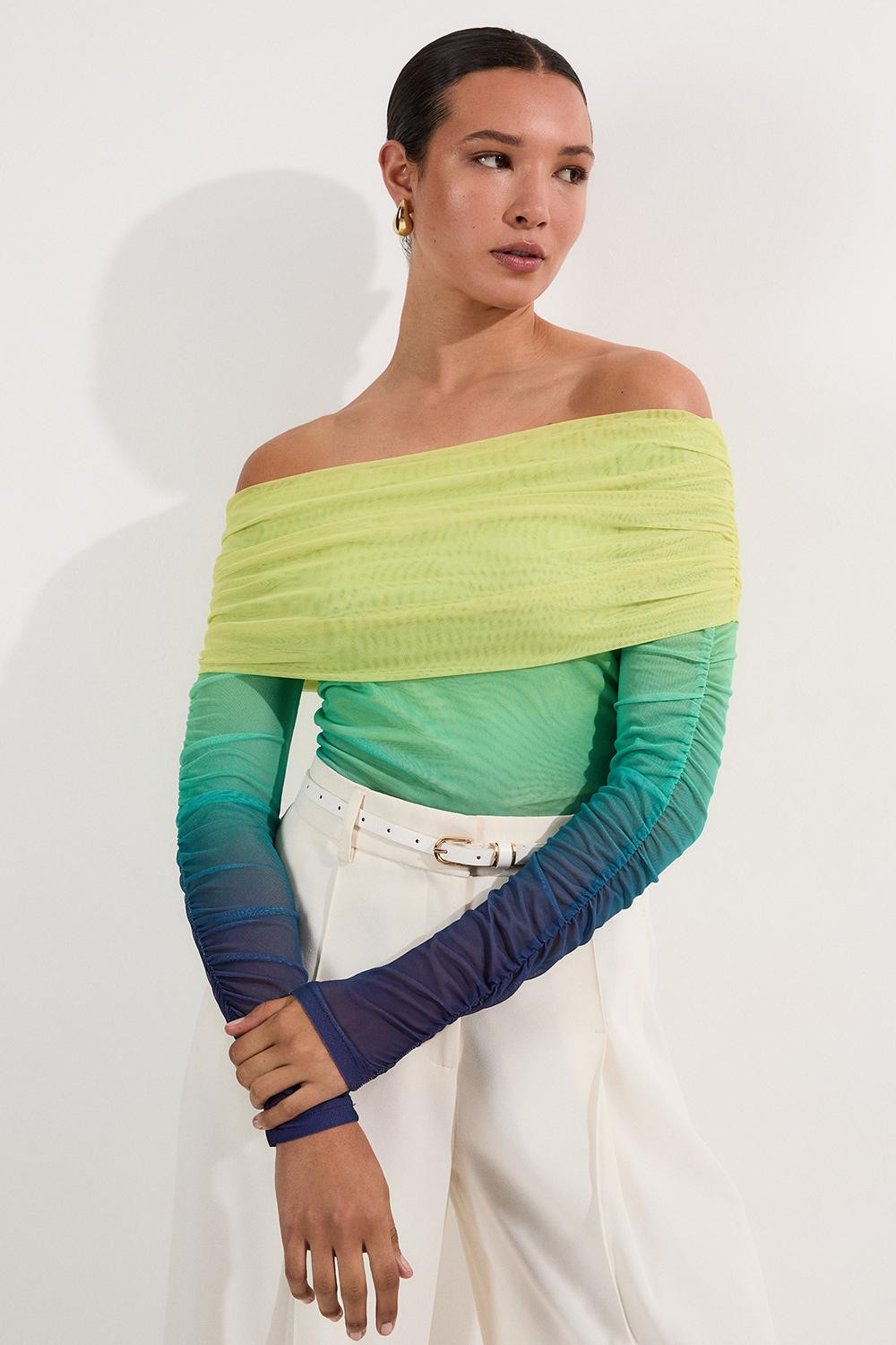 Ombre Jersey Mesh Off The Shoulder Bodysuit | Karen Millen US