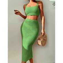 2pack Knitted Cover Up Top With Skirt Set | SHEIN
