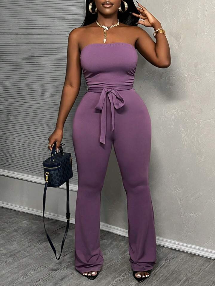 Slaydiva Elegant Purple Waist Belted Halter Flared Jumpsuit/Romper For Women, Casual Basics, Summer | SHEIN