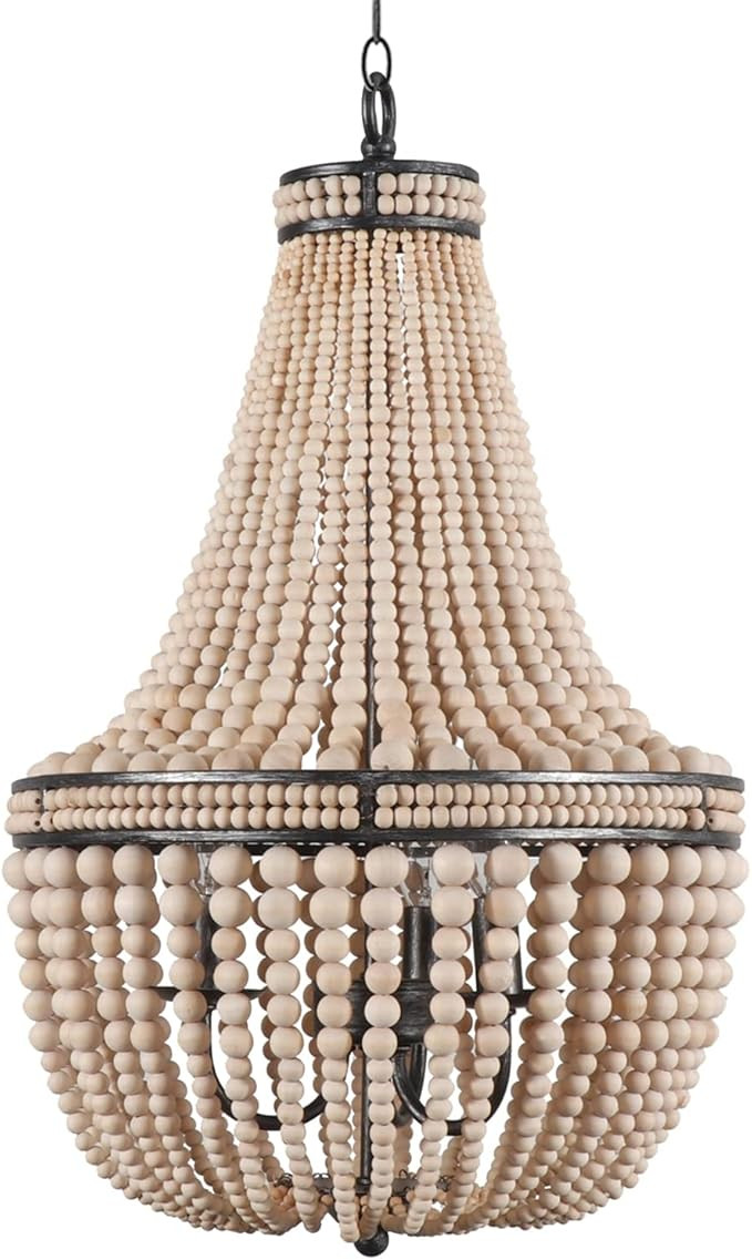 Farmhouse Wood Beaded Chandelier Modern 3-Light Ceiling Pendant Fixture Wooden Bead and Metal Cha... | Amazon (US)