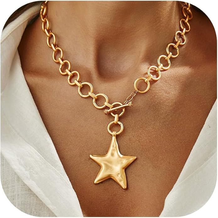 Star Necklace Chunky Gold Statement Necklaces Punk Star Pendant Gold Chain Necklaces for Women Tr... | Amazon (US)