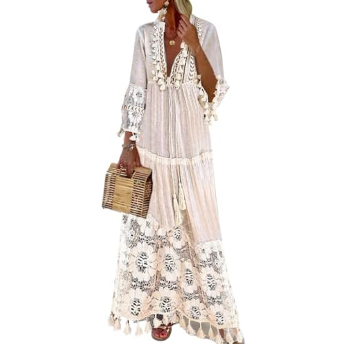 Akivide Summer Boho Lace Maxi Dress for Women Loose V Neck 3/4 Sleeve Tassel Beach Dress Swing Fl... | Amazon (US)