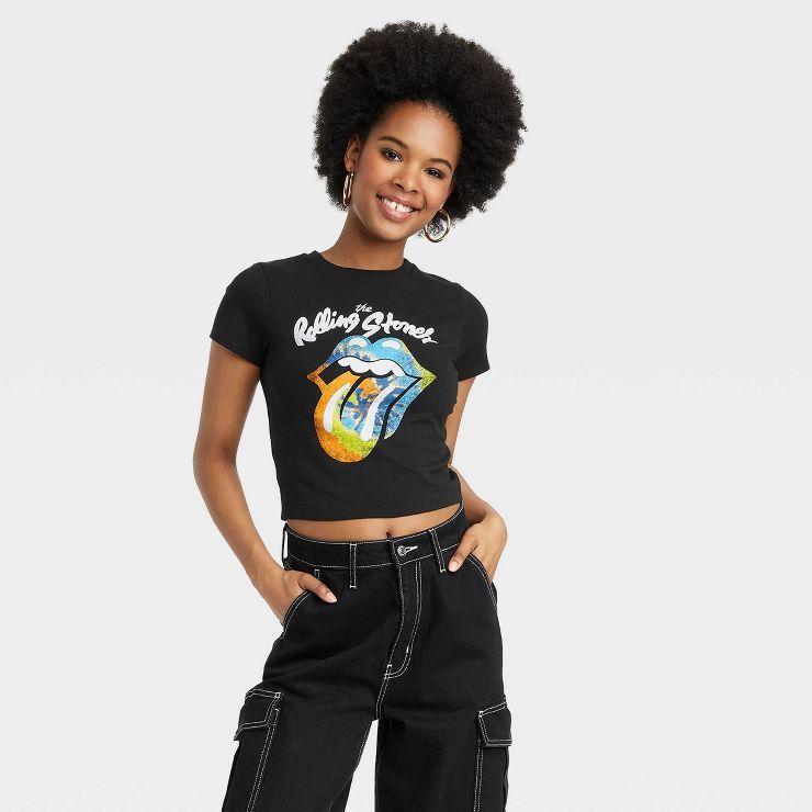 Women's The Rolling Stones Short Sleeve Graphic Baby T-Shirt - Black Tie-Dye | Target