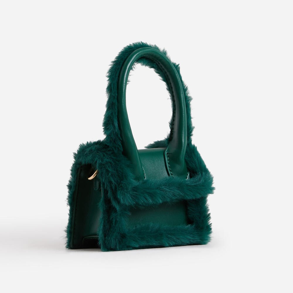 Marinda Faux Fur Trim Top Handle Mini Grab Bag In Dark Green Faux Leather | EGO Shoes (US & Canada)