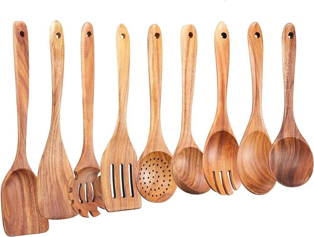 Wooden Kitchen Utensils Set,GUDAMAYE 9 PCE Natural Teak Wooden Spoons For Non-stick Pan for Cooki... | Amazon (US)