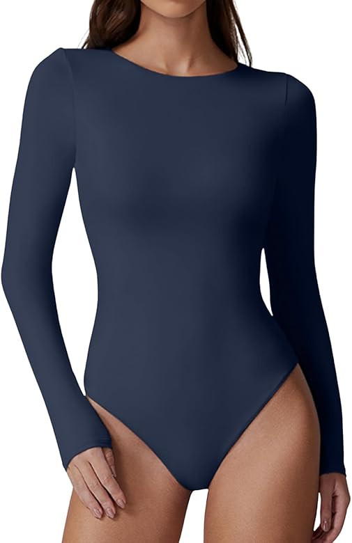 QINSEN Womens Crew Neck Long Sleeve Bodysuit Double Lined Body Suits Basic T-Shirt Tops | Amazon (US)
