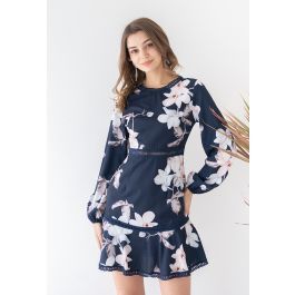 Magnolia Blossom Navy Chiffon Frilling Dress | Chicwish