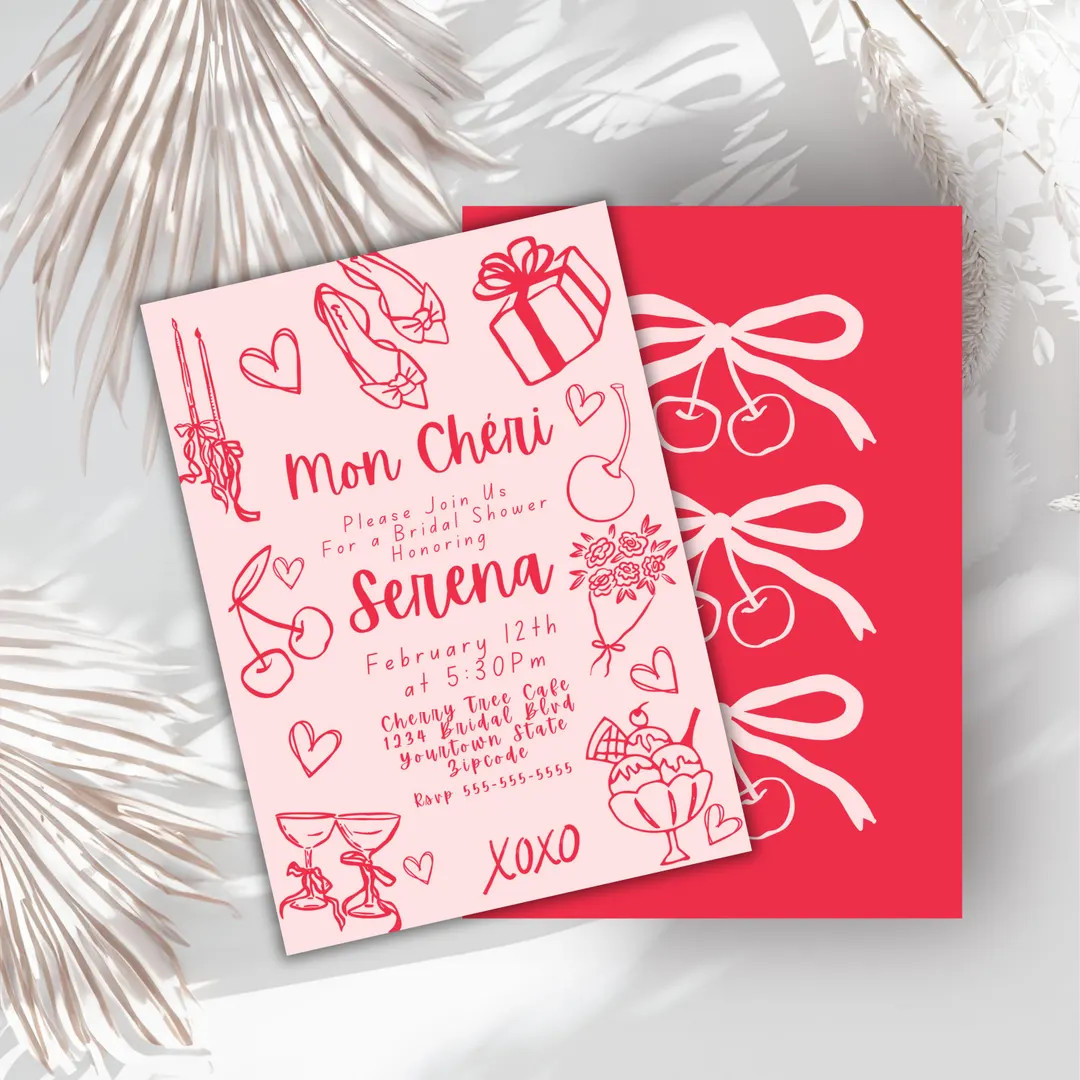 Editable Mon Cheri Bridal Shower Cherry on Top Wedding Bow Invites Bow Theme Party Coquette Cherr... | Etsy (US)