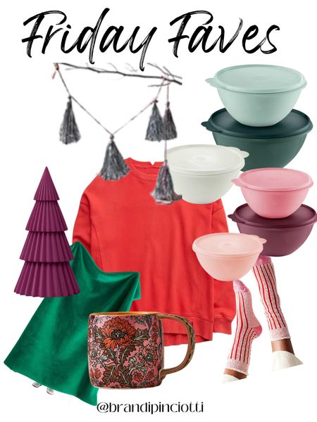 Friday faves!
1.) festive tinsel garland 
2.) looove these Tupperware container colors 
3.) still loving this purple velvet treee
4.) bright red crew and on sale!
5.) fuzzy green blanket 
6.) coffee mug 
7.) the most cozy socks now in a festive red! 

#LTKSeasonal #LTKHoliday #LTKsalealert