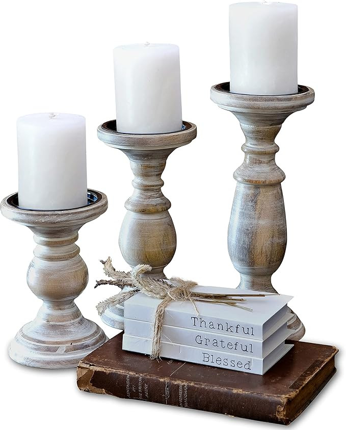 Wooden Candle Holders for Pillar Candles - Set of 3 Table Centerpiece, Rustic Farmhouse Fireplace... | Amazon (US)