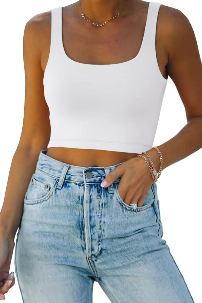 EFAN Women's Summer Sexy Basic Sleeveless Square Neck Fitted Seamless Yoga Cropped Tank Cute Crop To | Amazon (US)