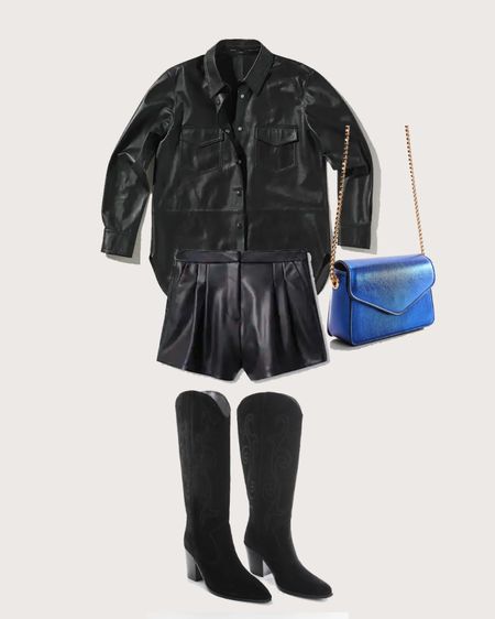 All black leather outfit 💙🖤

Black leather shirt 
Black leather shorts 
Cowboy boots 
Metallic bag
Blue metallic bag 
Blue handbag
All black outfit
Pop up color bag 

#LTKstyletip #LTKunder50 #LTKunder100