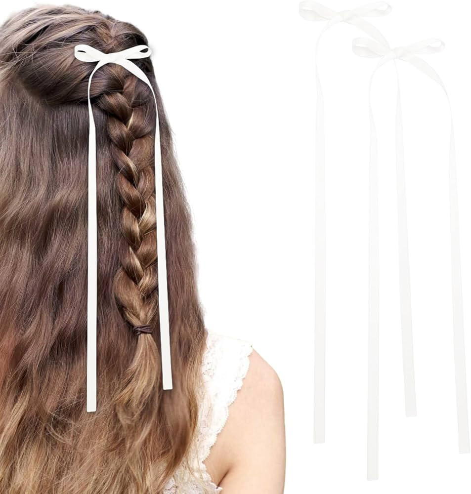 Bow Tassel Hair Accessories: 2 PCS Satin Hair Clips with Long Ribbons for Women (White) on Valent... | Amazon (US)