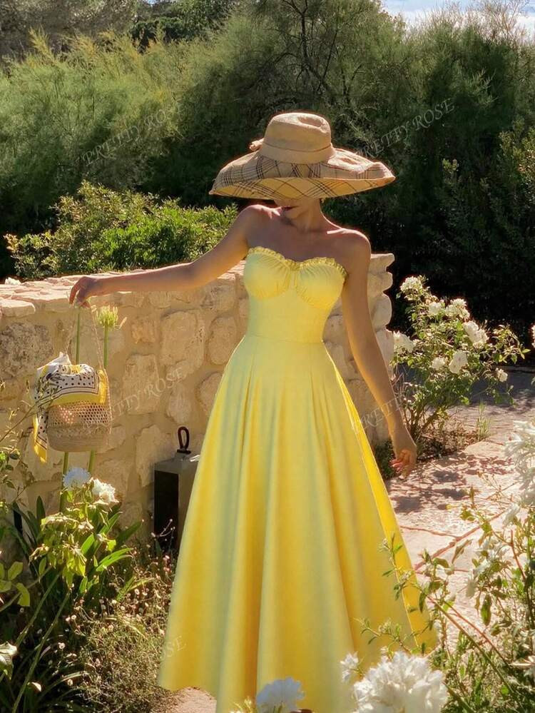 Women's Boho Butter Yellow Vacation Sexy Solid Yellow Ruffle Hem Strapless Dress, Zip Back Dress For Easy Wear, Suitable For Island Beach Vacation Travel, Music Festival/Concert, Daily Wear | SHEIN