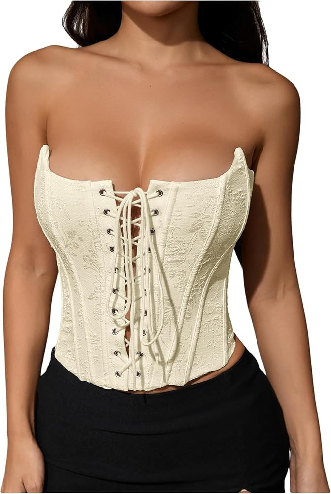 MakeMeChic Women's Renaissance Corset Bustier Tops Shapewear Lingerie Lace Up Floral Sexy Straple... | Amazon (US)