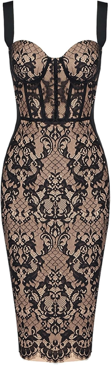 Lace Fishbone Midi Cocktail Party Bandage Dress for Women Back Slit Wedding Guest Dress | Amazon (US)