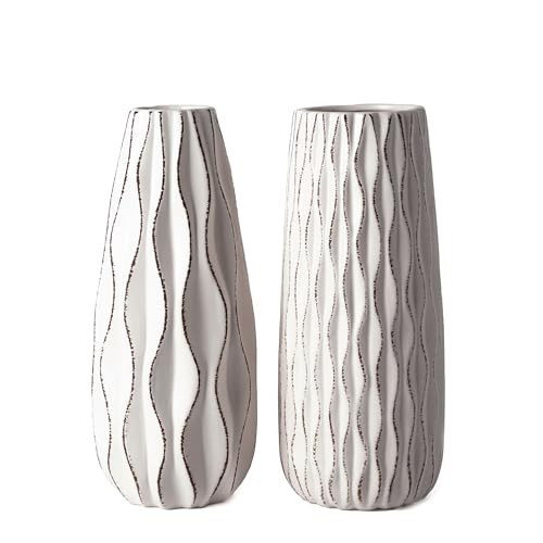 VICTOR & TERESA Ceramic Vase for Flowers, 10'' Set of 2 Decorative White Vases for Home Decor, Farmhouse Vases for Pampas Grass, Table, Mantel, Living Room, Shelf, Centerpieces, Gifts for Mom | Amazon (US)