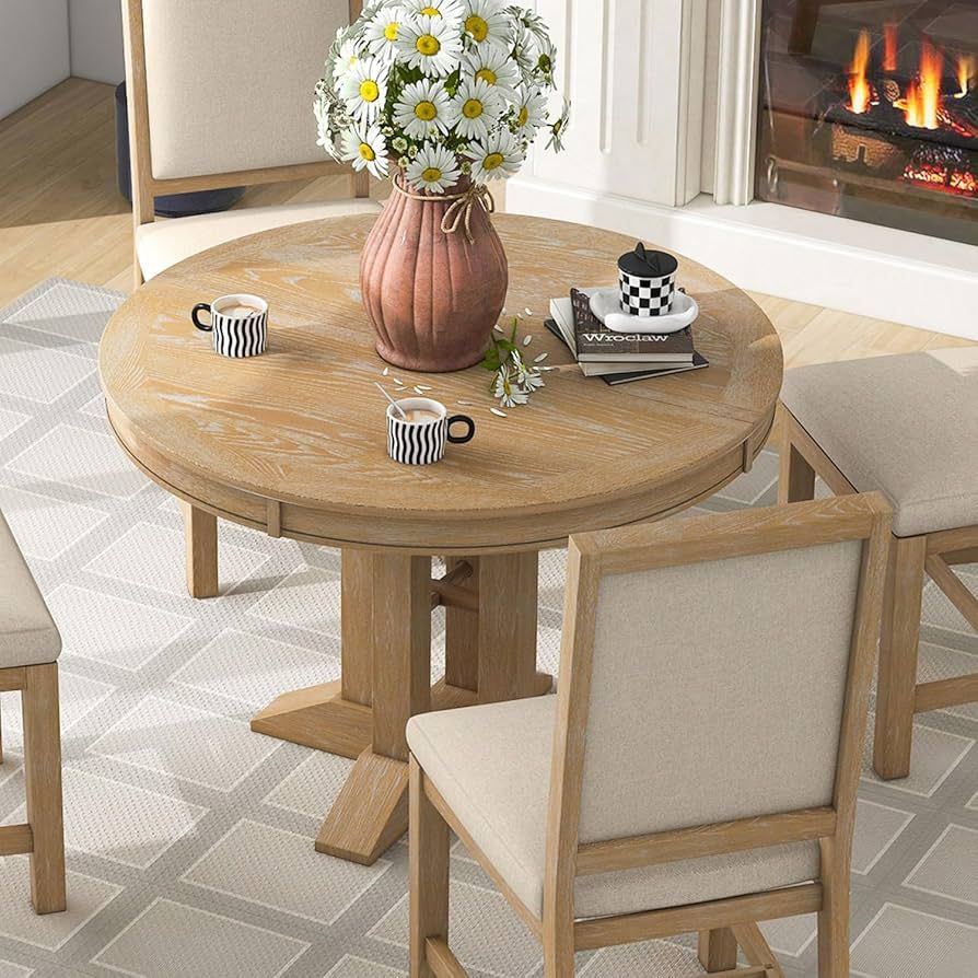 kevinplus 58'' Round Oval Dining Table Farmhouse Extendable Kitchen Table for 4-6, Modern Mid-Cen... | Amazon (US)