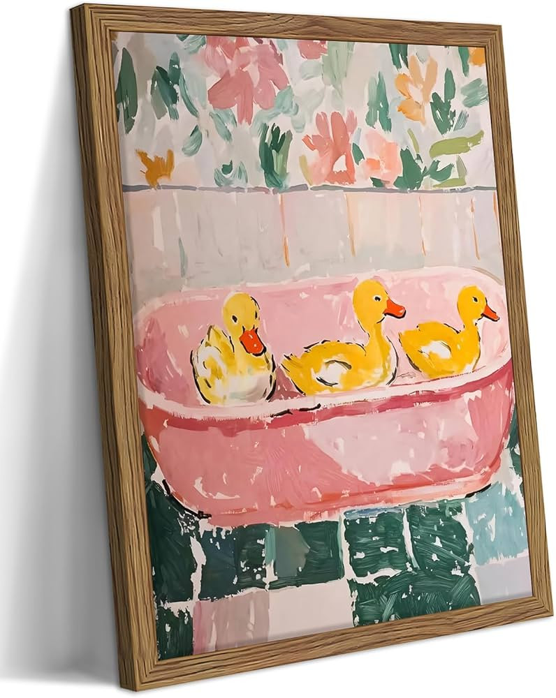 Framed Funny Bathroom Wall Art Decor, Yellow Duck in Pink Bathtub Canvas Wall Decor Painting, Cut... | Amazon (US)