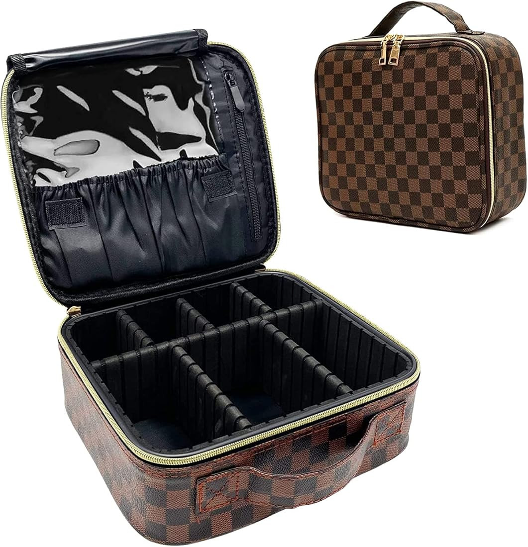 Cosmetic Travel Bag Checkered Makeup Bags For Women Hand-Portable PU Leather Waterproof Cosmetic ... | Amazon (US)