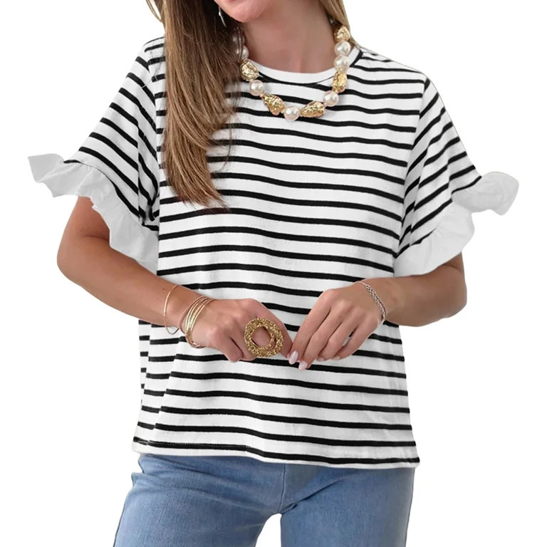 Summer Stripe Printed Short Sleeved Crew Neck Casual Shirt Tops | Walmart (US)