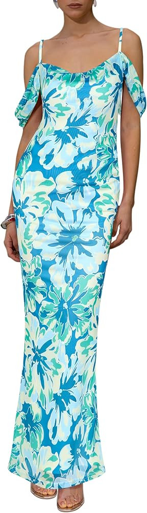 MASCOMODA Women 2024 Summer Spaghetti Strap Floral Bodycon Maxi Dress Sexy Backless Fitted Long F... | Amazon (US)