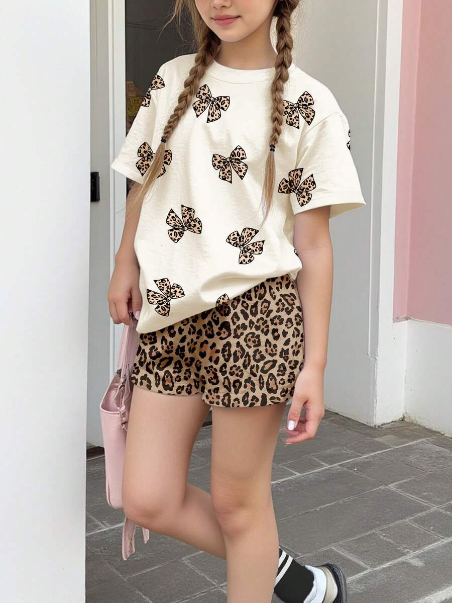 2pcs Cheetah Print Bow Decor Casual Tween Girl Round Neck Short Sleeve Top And Shorts Set, Suitab... | SHEIN