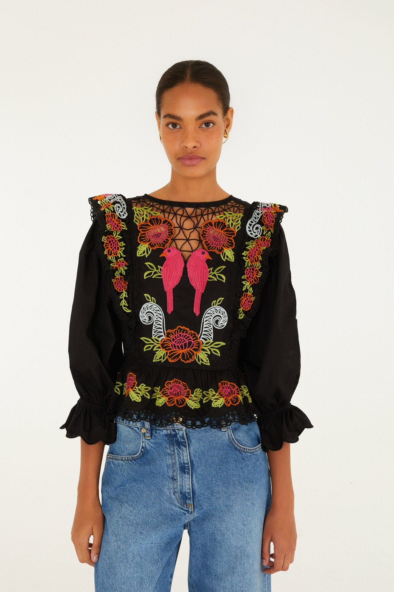 Black Mujeres Y Flores Embroidered Organic Cotton Richelieu Blouse | FARM Rio | FarmRio (US)