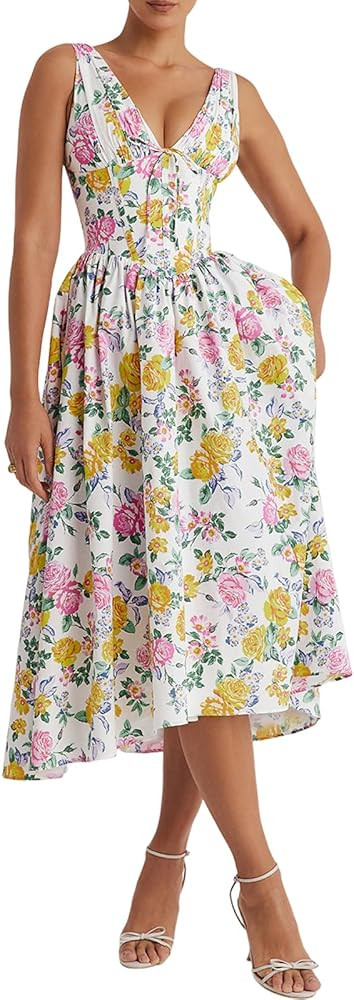 Women's V Neck Corset Sleeveless Formal Dress Floral Midi Dress Wedding Guest Cocktail Party Prom... | Amazon (US)