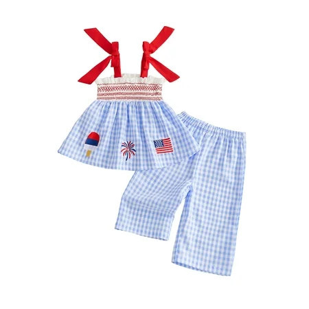 Loicainy Toddler Baby Girls Independence Day Outfits 6 12 18 24 Months 2T 3T 4T Sleeveless Popsicle Firework Flag Embroidery Tops and Plaid Pants Clothes Set | Walmart (US)
