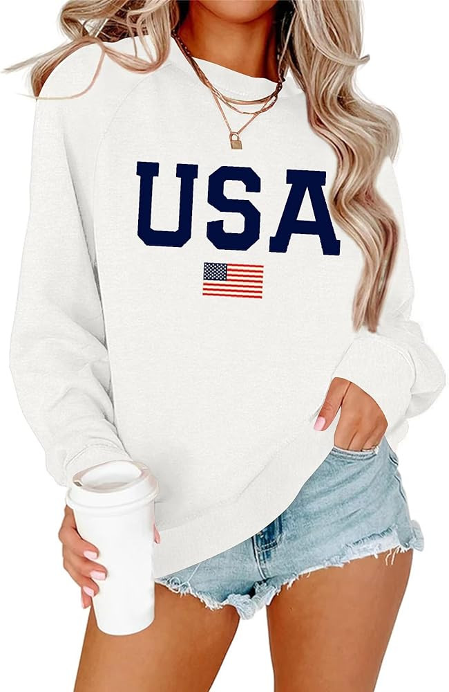 Dressmine Womens USA Shirt Casual Long Sleeve Graphic Tees Knit Crew Neck Sweatshirts Loose Pullo... | Amazon (US)