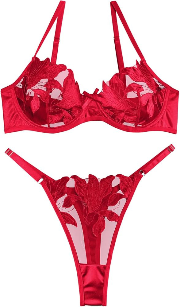 Lilosy Sexy Satin Mesh Floral Embroidered Underwire Lingerie Set | Amazon (US)