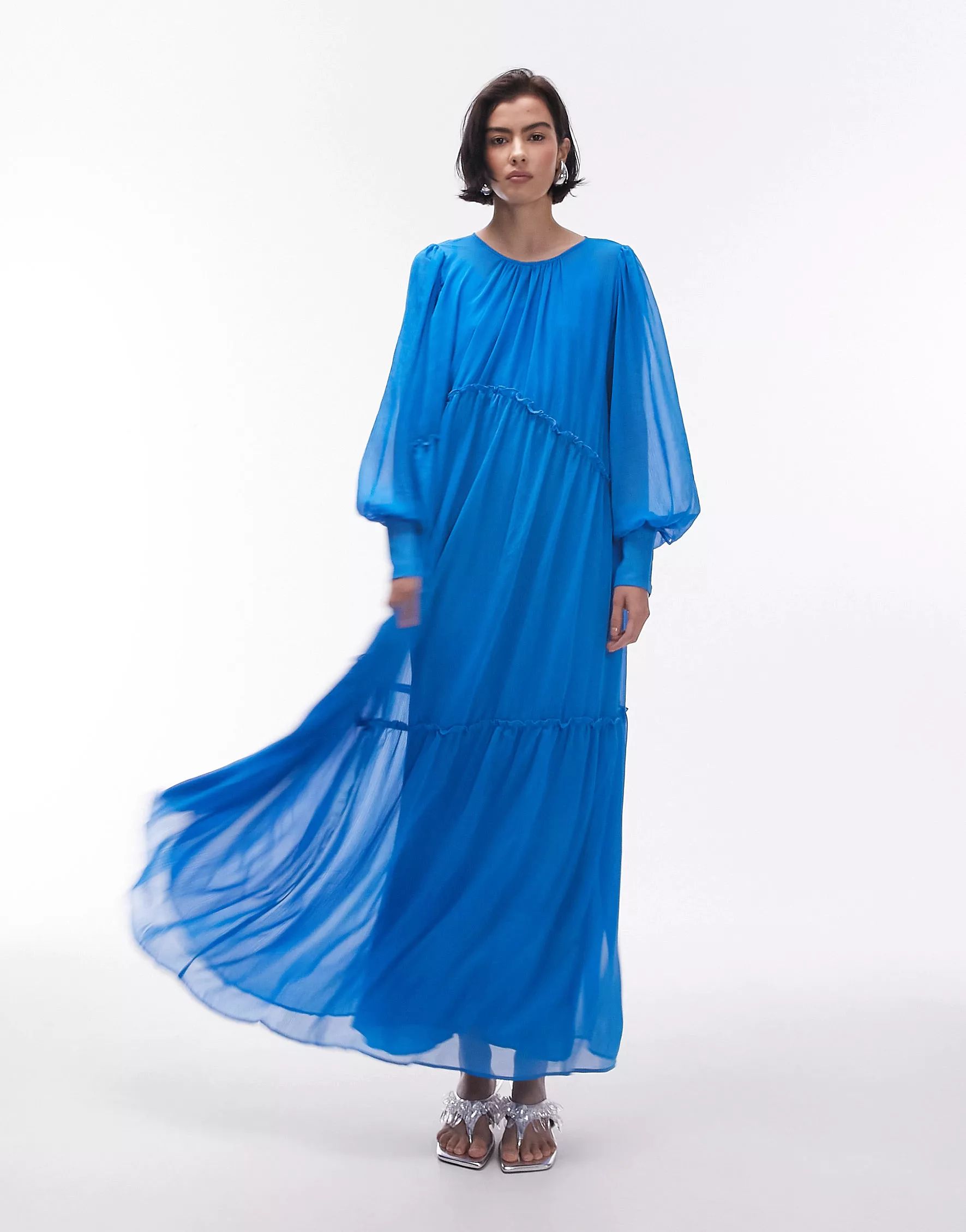 Topshop premium tiered bright chuck on maxi dress in blue | ASOS | ASOS (Global)