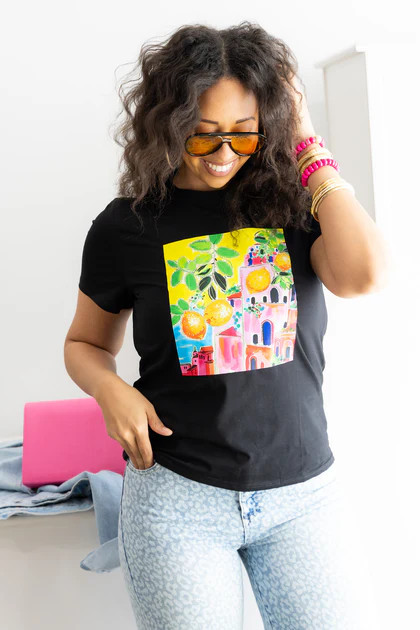 Amalfi Coast Printed Black Short Sleeve Tee | The Willow Tree