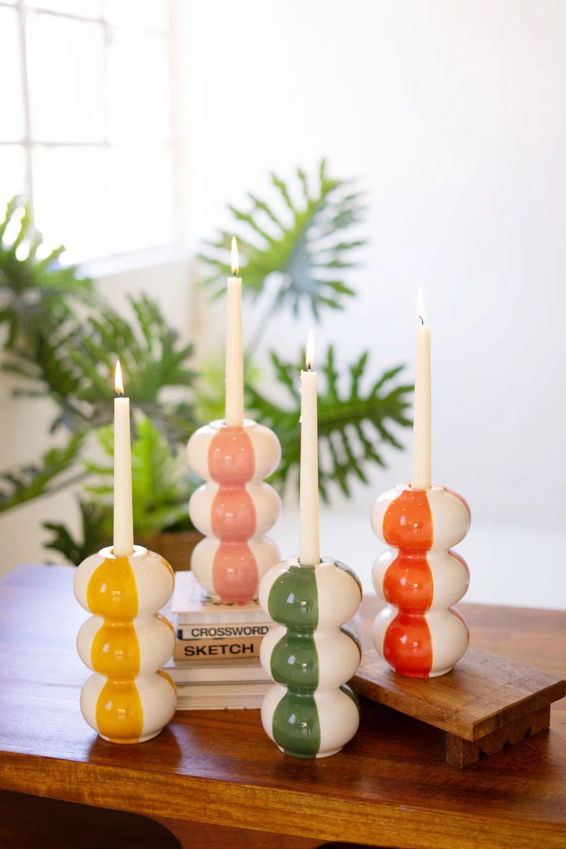 Set of Four Ceramic Striped Taper Candle Holders (Set of 4) | Wayfair North America