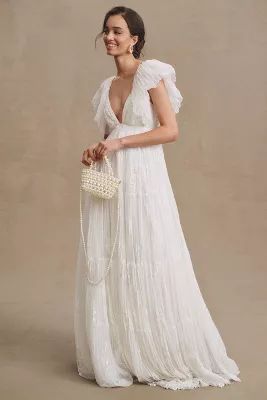 BHLDN Valentina V-Neck Flutter-Sleeve Empire-Waist Wedding Gown | Anthropologie (US)
