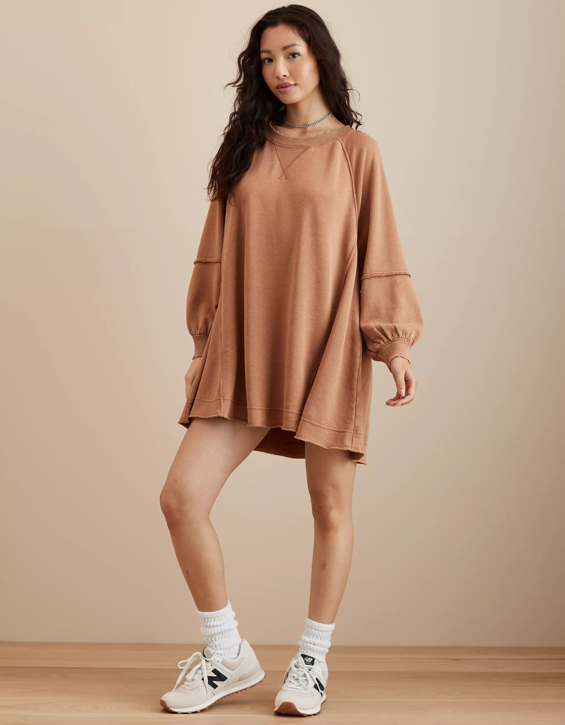 AE Long-Sleeve Fleece Babydoll Dress | American Eagle Outfitters (US & CA)