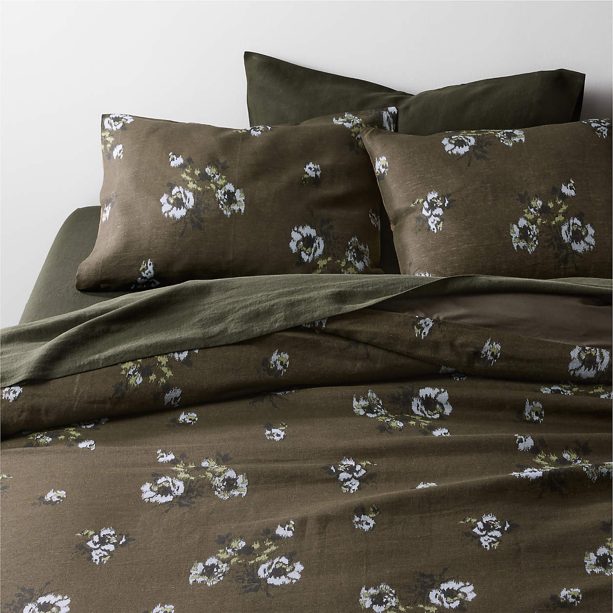 Mountain Floral Cotton Linen Burnt Green King Duvet Cover | Crate & Barrel | Crate & Barrel