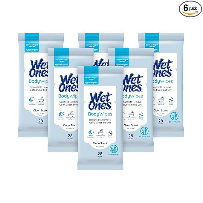 Wet Ones Body Wipes, Clean Scent Body Cleansing Wipes, Travel Size Wipes, 28ct (6 pack) | Amazon (US)